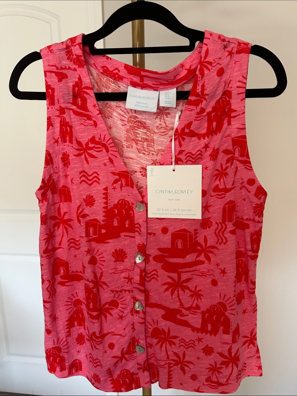 Cynthia Rowley Pink and Red Tropical Button-Front Tank